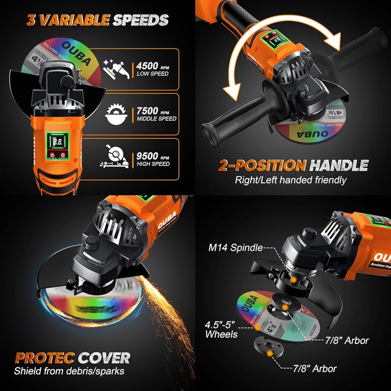 OUBA Cordless Angle Grinder Compatible for Dewalt 20V Max Battery, 3 Variable Speed, Brushless Motor with LED, Power Angle Grinder Tool Stand, Flap Disc Grinding,1x 4.0Ah Battery& Fast Charger, Orange - Image 2